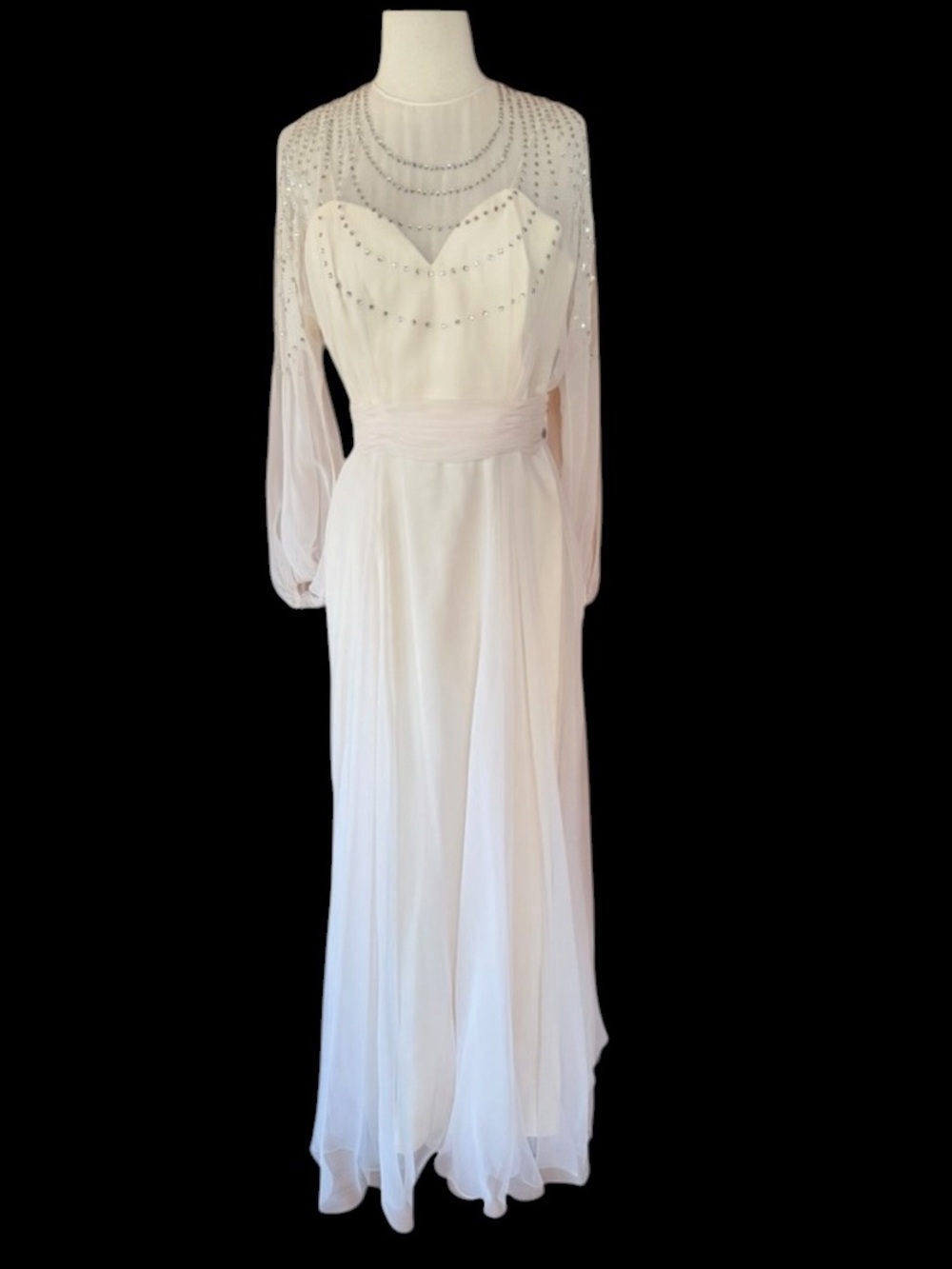 Deadstock 1980s Rose Taft for Couture Fashions‎ Rhinestone Very Pale Pink Gown